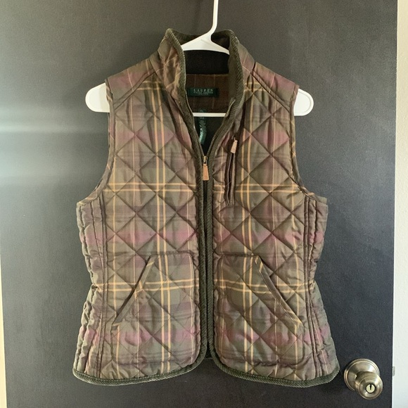 Lauren Ralph Lauren Olive Quilted Plaid Puffer Vest Women’s Size Petite Large - Picture 13 of 16